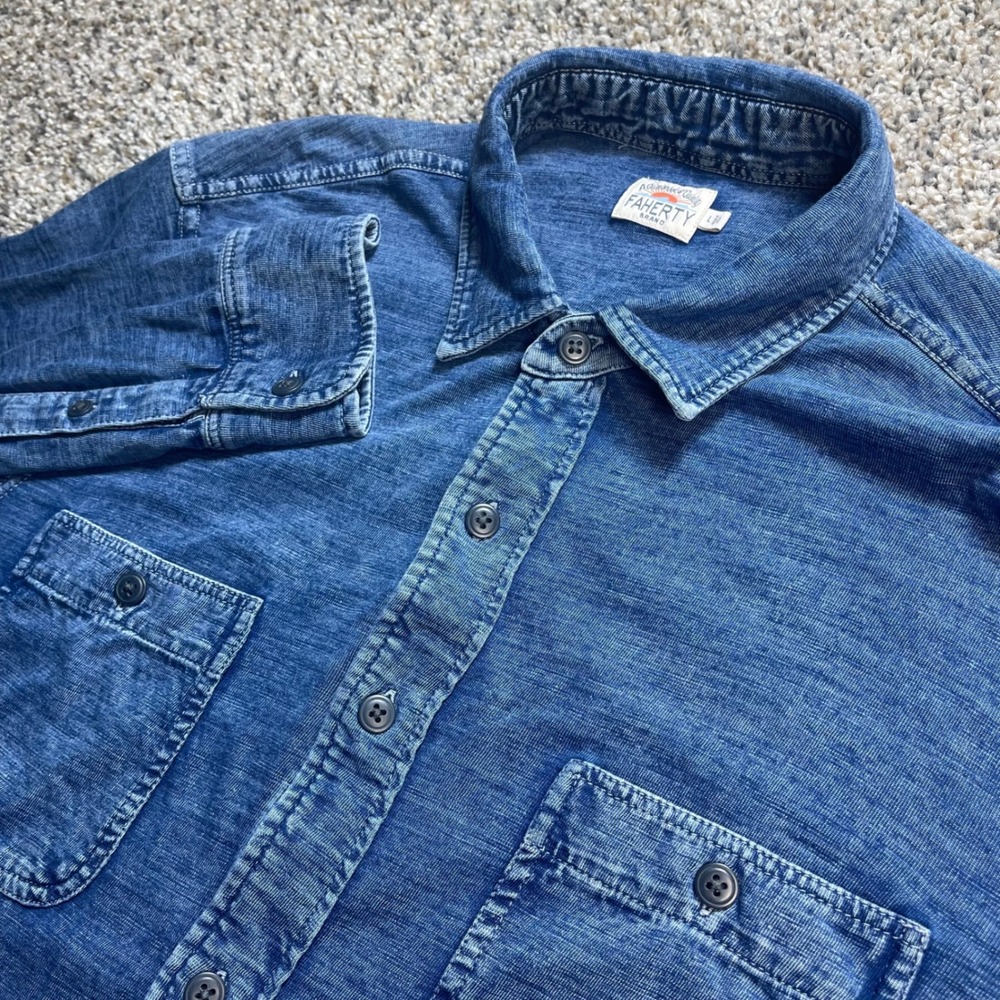 Faherty Brand Movement Shirt Mens Large Blue Organic Cotton Button Down Long Slv